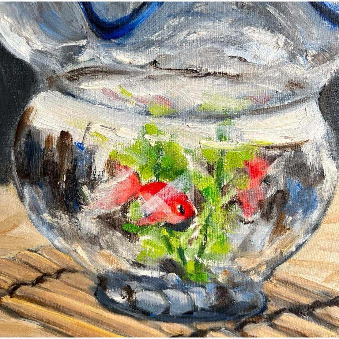 【1点もの】油絵　金魚鉢と花瓶　F6号 エンタメ/ホビーの美術品/アンティーク(絵画/タペストリー)の商品写真