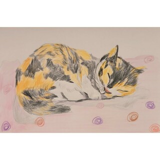『三毛猫』色鉛筆画。手描きイラスト。猫。ハガキ。(アート/写真)