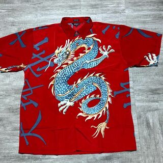 デザイン◎ 龍 ドラゴン アロハシャツ 両面ロゴ 赤 XL ポリエステル(Tシャツ/カットソー(半袖/袖なし))