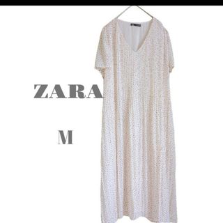 ザラ(ZARA)のZARA プリーツ ドット ロングワンピース 半袖 ベージュ ふんわり 水玉 M(ロングワンピース/マキシワンピース)