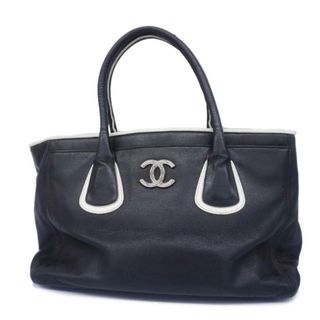 シャネル(CHANEL)の【4hc2901】シャネル トートバッグ/レザー/ブラック/ホワイト/シルバー金具 【中古】レディース(トートバッグ)