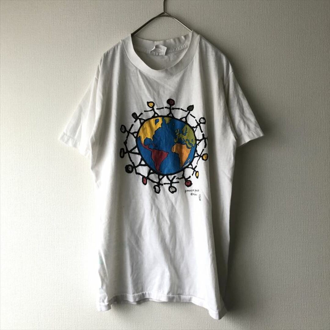 90s 古着 ノーブランド Tシャツ 白T 地球 ゆるダボ L メンズのトップス(Tシャツ/カットソー(半袖/袖なし))の商品写真