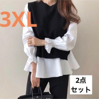 大人気  ベスト付きブラウス  3XL 2点セット 重ね着　体型カバー　着回し(シャツ/ブラウス(長袖/七分))