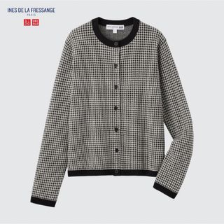 ユニクロ(UNIQLO)のジャカードクルーネックカーディガン ブラック L(カーディガン)