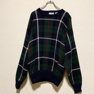 ヴィンテージ(VINTAGE)のアメリカ古着　IZOD　ニット　セーター　長袖　チェック柄 P772(ニット/セーター)