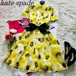 ケイトスペードニューヨーク(kate spade new york)の【美品】kate spade ロングシャツワンピース 総柄 リボン イエロー 4(ロングワンピース/マキシワンピース)