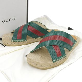 グッチ(Gucci)の【本物保証】 箱・布袋付 新品同様 グッチ GUCCI シェリーライン スライド サンダル 靴 レザー グリーン レッド 7 624629 希少 レア メンズ(サンダル)