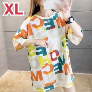 ★1点限り★ 英字 プリント Tシャツ XL ホワイト 半袖 トップス 個性的(Tシャツ(半袖/袖なし))