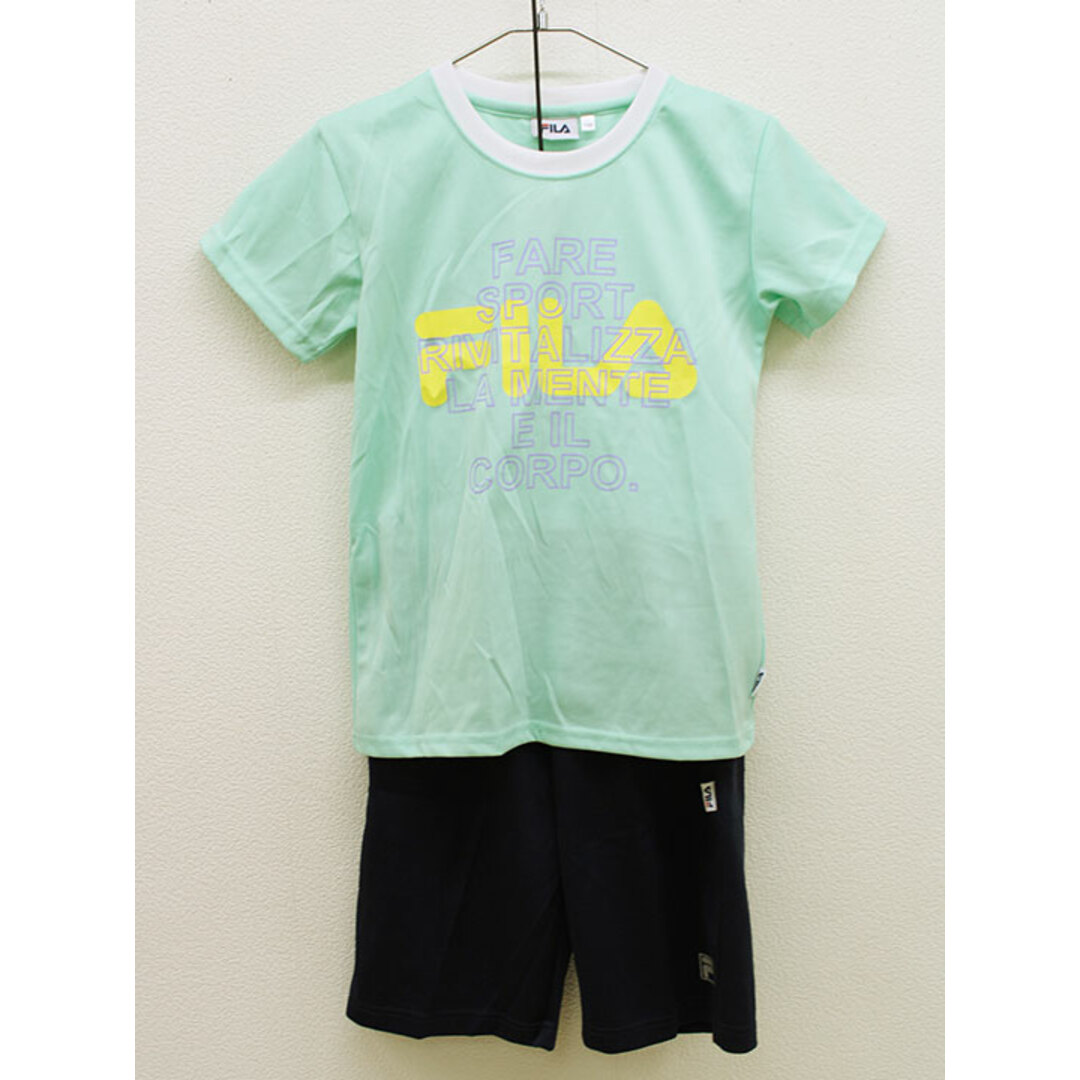 FILA(フィラ)の【夏物 新入荷!】▲フィラ/FILA▲150cm トレーニングウェア上下セット/半袖Tシャツ/半袖カットソー＆ショートパンツ/ハーフパンツ/半ズボン/短パン ミントグリーン×濃紺 部活 トレーニング 練習【中古】子供服 キッズ kids ジュニア 女の子 夏 tops bottoms lessons 014042 スポーツ/アウトドアのスポーツ/アウトドア その他(その他)の商品写真