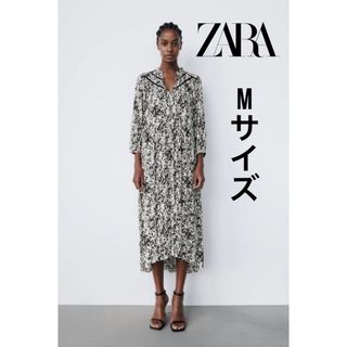 ザラ(ZARA)の美品✨ZARA 総柄ワンピース　ブラック　ホワイト　Mサイズ(ロングワンピース/マキシワンピース)