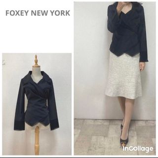 フォクシーニューヨーク(FOXEY NEW YORK)のまぁ美品フォクシーニューヨーク襟付きカシュクールフレアー袖トップス　ストレッチ黒(シャツ/ブラウス(長袖/七分))