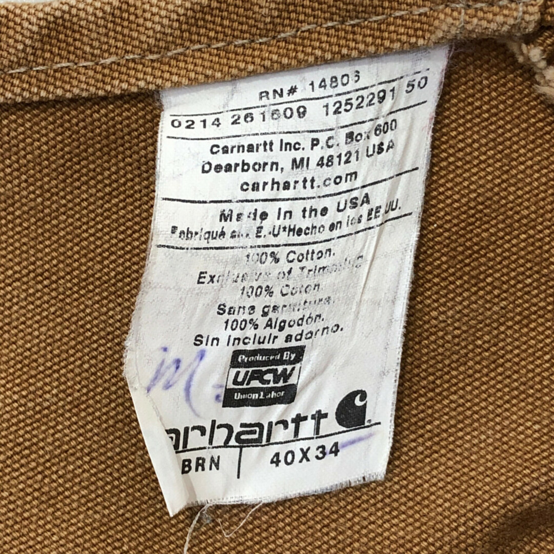 carhartt(カーハート)の90年代 USA製 Carhartt カーハート ビブオーバーオール ダブルニー 大きいサイズ ベージュ (メンズ W40 L34) 中古 古着 Q3434 メンズのパンツ(サロペット/オーバーオール)の商品写真