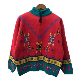 MOUNTAIN Feeling ハーフジップ ウール アクリル ニット セーター 総柄 レッド (メンズ XL) 中古 古着 Q3481(ニット/セーター)