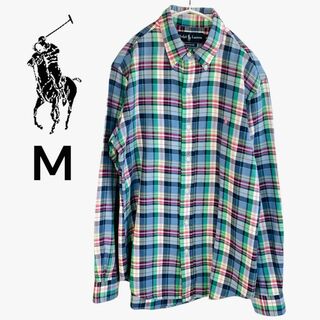 ラルフローレン(Ralph Lauren)のラルフローレン マドラスチェック ボタンダウンシャツ ピンクロゴ M(シャツ)