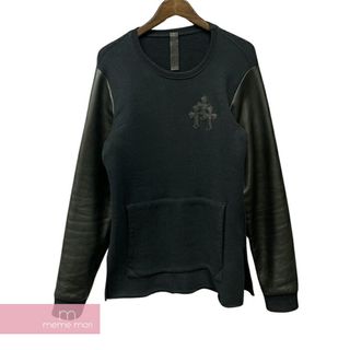 クロムハーツ(Chrome Hearts)のCHROME HEARTS Y NOT Leather Sleeve Crewneck Sweatshirt クロムハーツ ワイノット レザースリーブクルーネックスウェットシャツ トレーナー セメタリークロスパッチ 切替 スリット ブラック サイズM【240416】【中古A】【me04】(スウェット)