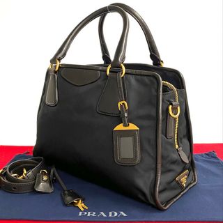 プラダ(PRADA)の極 美品 鍵付き PRADA プラダ 三角ロゴ 金具 ナイロン レザー 本革 2way ハンドバッグ ミニ ボストンバッグ ショルダーバッグ 黒 23825(ショルダーバッグ)