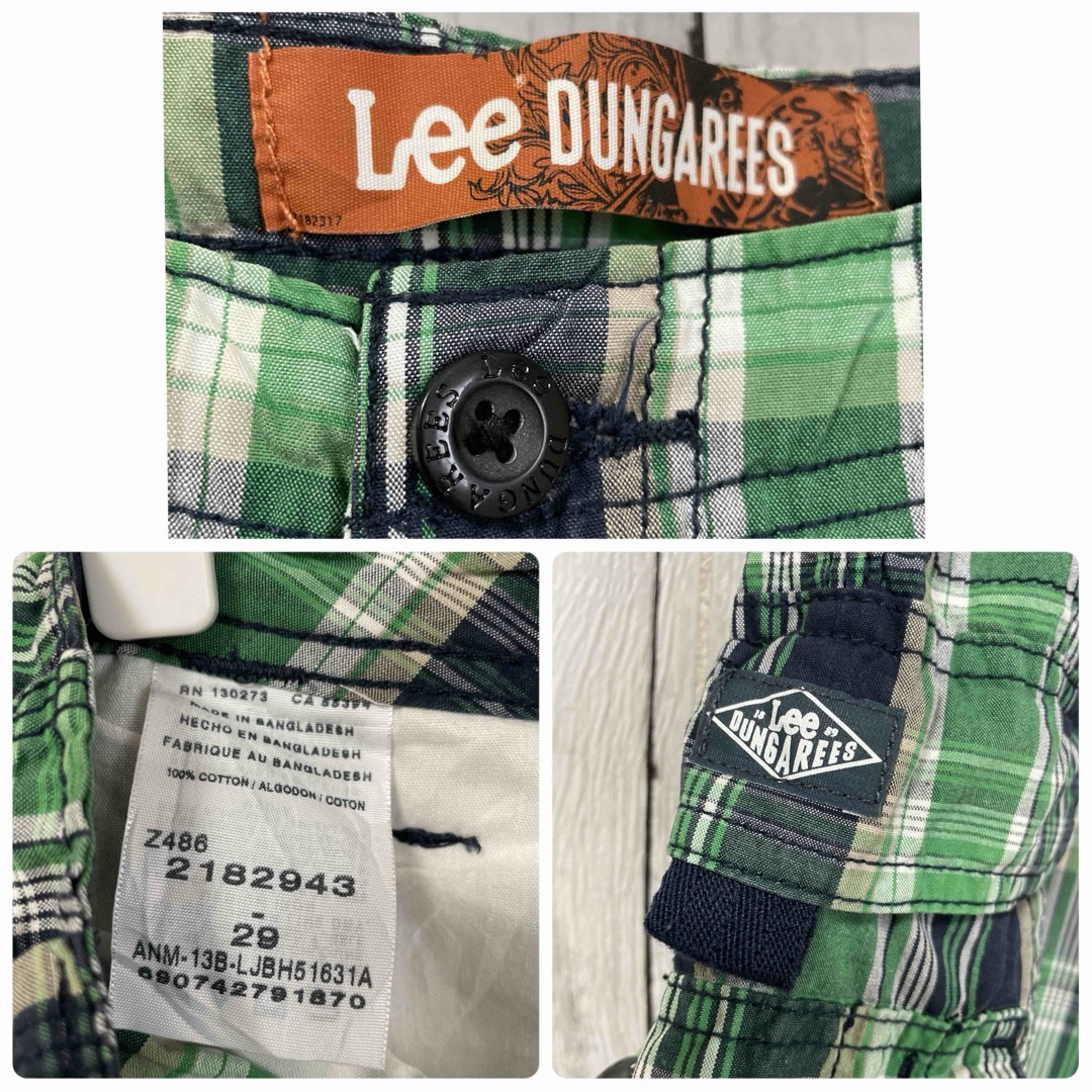 Lee(リー)のリーダンガリーズ ショートパンツ ワークパンツ チェック ポケット多 緑 古着 メンズのパンツ(ショートパンツ)の商品写真