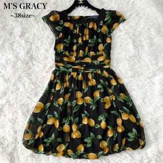 エムズグレイシー(M'S GRACY)の【美品】M'S GRACY フルーツ柄ワンピース 膝丈 レモン柄 シフォン 38(ひざ丈ワンピース)