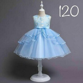 120 青　ブルー　水色　ワンピース　キッズドレス　チュール　刺繍　レース(ドレス/フォーマル)