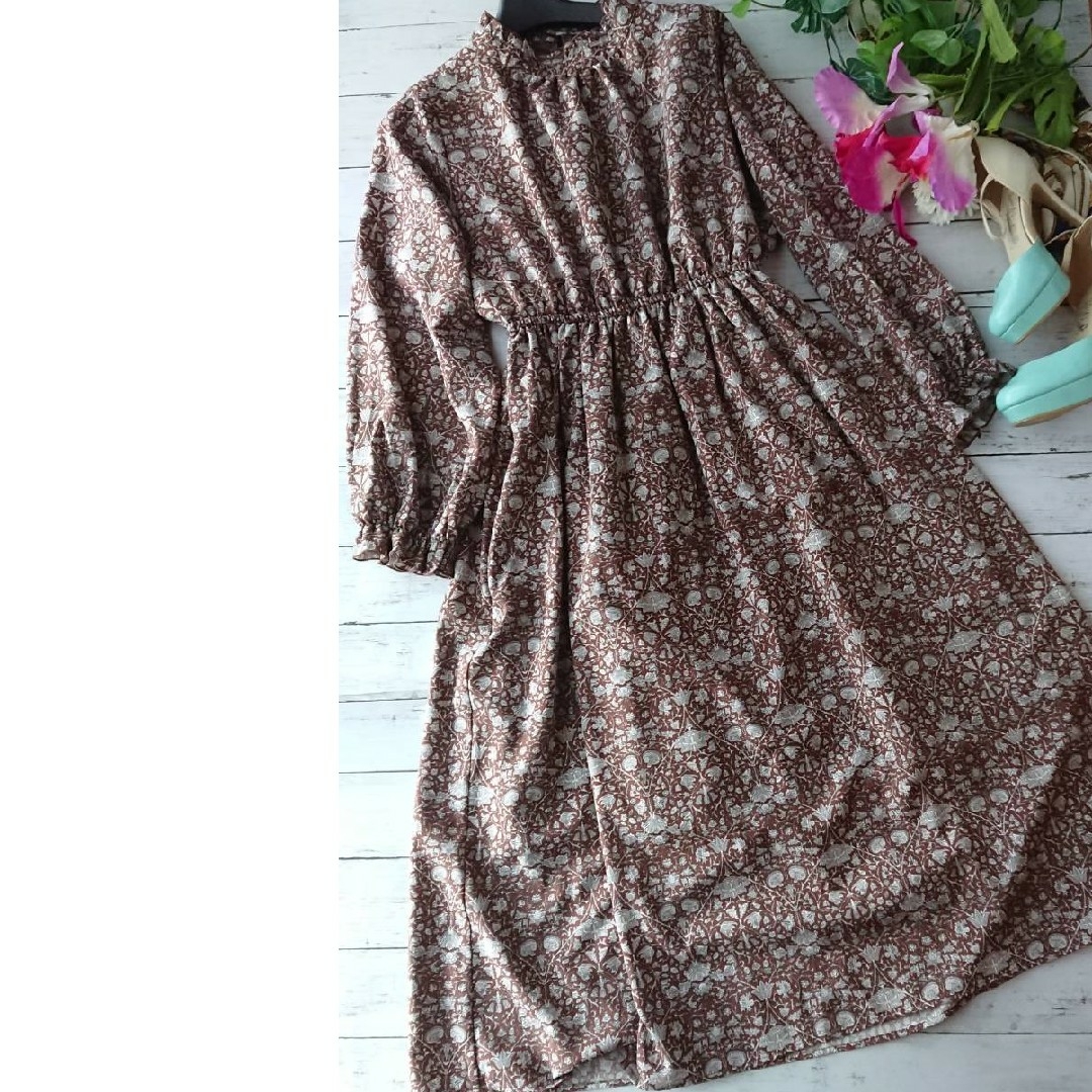 美品！Gleeful☆フリルハイカット☆レトロ花柄ロングシフォンシャツワンピース レディースのワンピース(ロングワンピース/マキシワンピース)の商品写真