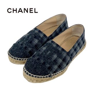 シャネル(CHANEL)のシャネル CHANEL フラットシューズ スリッポン 靴 シューズ ウール ブラック グレー エスパドリーユ ココマーク チェック(スリッポン/モカシン)