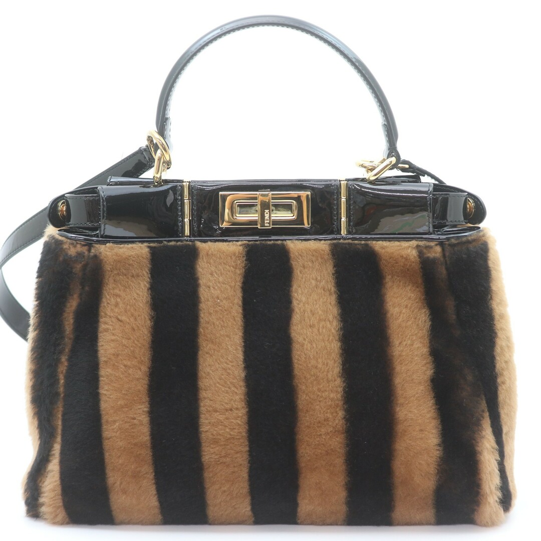 FENDI(フェンディ)のIT3YRZ5K7GK0 美品 FENDI フェンディ ピーカブー レギュラー ムートン レザー エナメル 8BN290 ブラック ブラウン ゴールド金具 レディース バッグ レディースのバッグ(ハンドバッグ)の商品写真