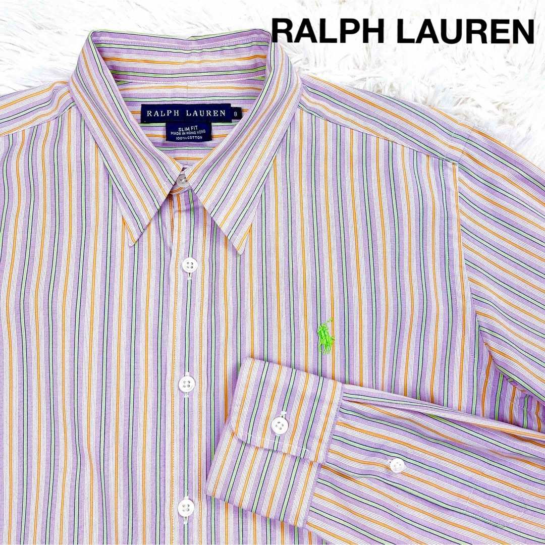 Ralph Lauren(ラルフローレン)の美品 ラルフローレン ストライプシャツ グリーンロゴ パープル オレンジ ロゴ レディースのトップス(シャツ/ブラウス(長袖/七分))の商品写真