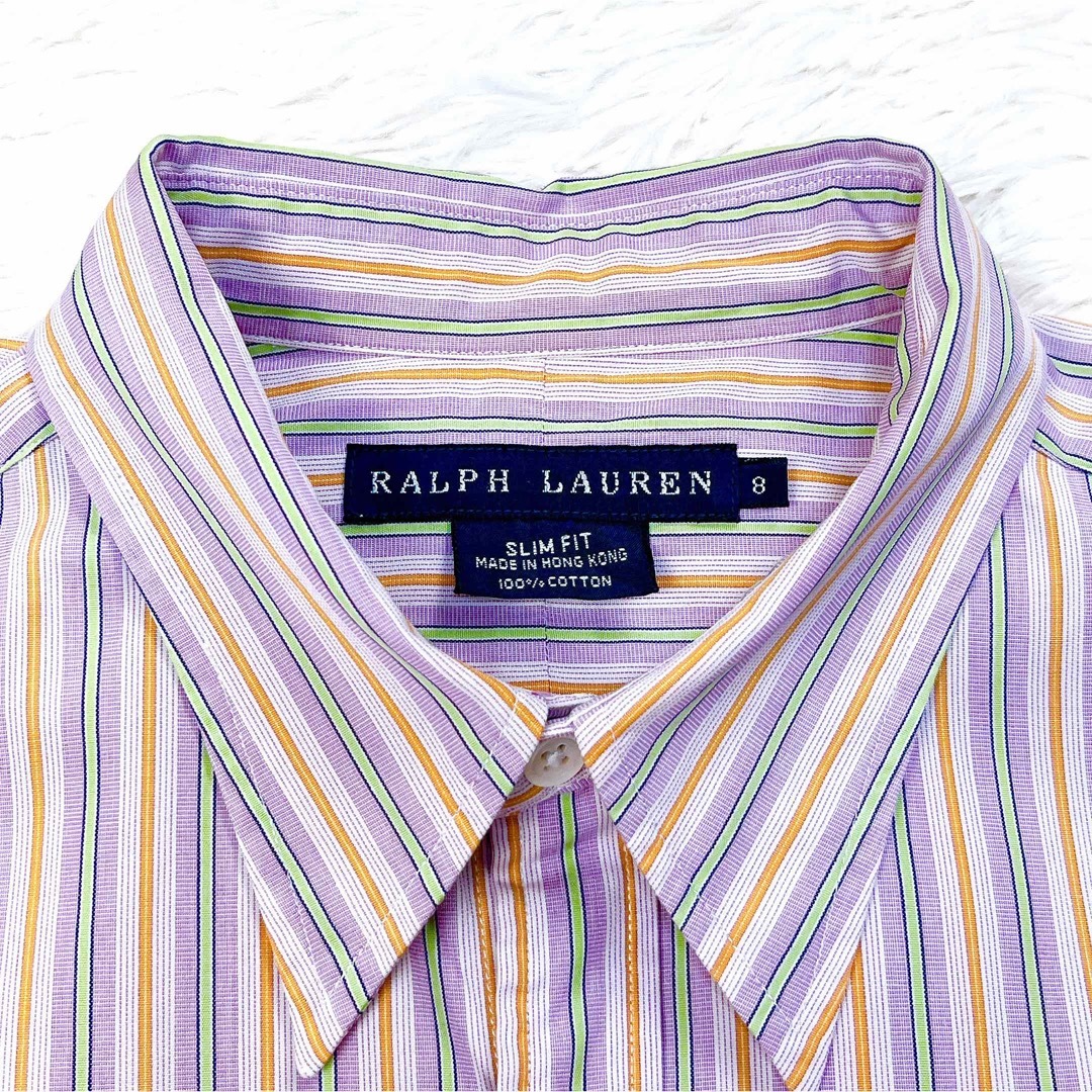 Ralph Lauren(ラルフローレン)の美品 ラルフローレン ストライプシャツ グリーンロゴ パープル オレンジ ロゴ レディースのトップス(シャツ/ブラウス(長袖/七分))の商品写真