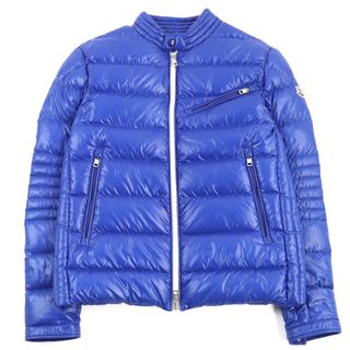 モンクレール(MONCLER)の極美品○MONCLER モンクレール E20914091605 68950 BERRIAT GIUBBOTTO ロゴワッペン付き キルティング加工 スタンドカラー ダブルジップ バイカーダウンジャケット ブルー 4 正規品 メンズ(ダウンジャケット)