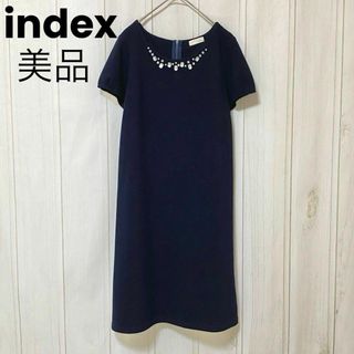 インデックス(INDEX)のst878 インデックス/ひざ丈ワンピース/半袖/伸縮性薄手ニット/ビジュー(ひざ丈ワンピース)