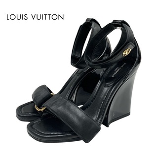 ルイヴィトン LOUIS VUITTON ステラーライン サンダル 靴 シューズ レザー パテント ブラック 黒 ゴールド ロゴ ストラップ