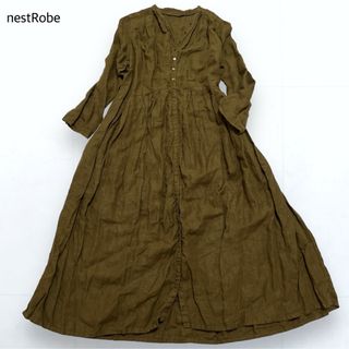 nest Robe - ネストローブ リネン100% ロング シャツワンピース タック 貝ボタン カーキ