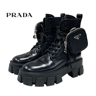 プラダ PRADA モノリス ブーツ ショートブーツ 靴 シューズ レザー ナイロン ブラック 黒 トライアングルロゴ レースアップ プラットフォーム