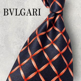 ブルガリ(BVLGARI)の美品 BVLGARI ブルガリ セッテピエゲ 格子柄 ネクタイ ネイビー 赤(ネクタイ)