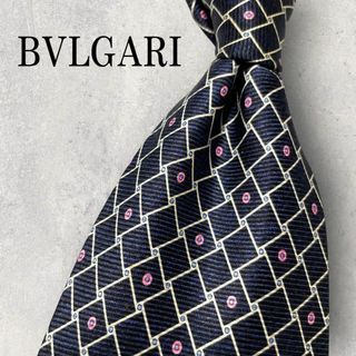 ブルガリ(BVLGARI)の美品 BVLGARI ブルガリ 格子柄 ドット柄 ネクタイ ネイビー ピンク(ネクタイ)