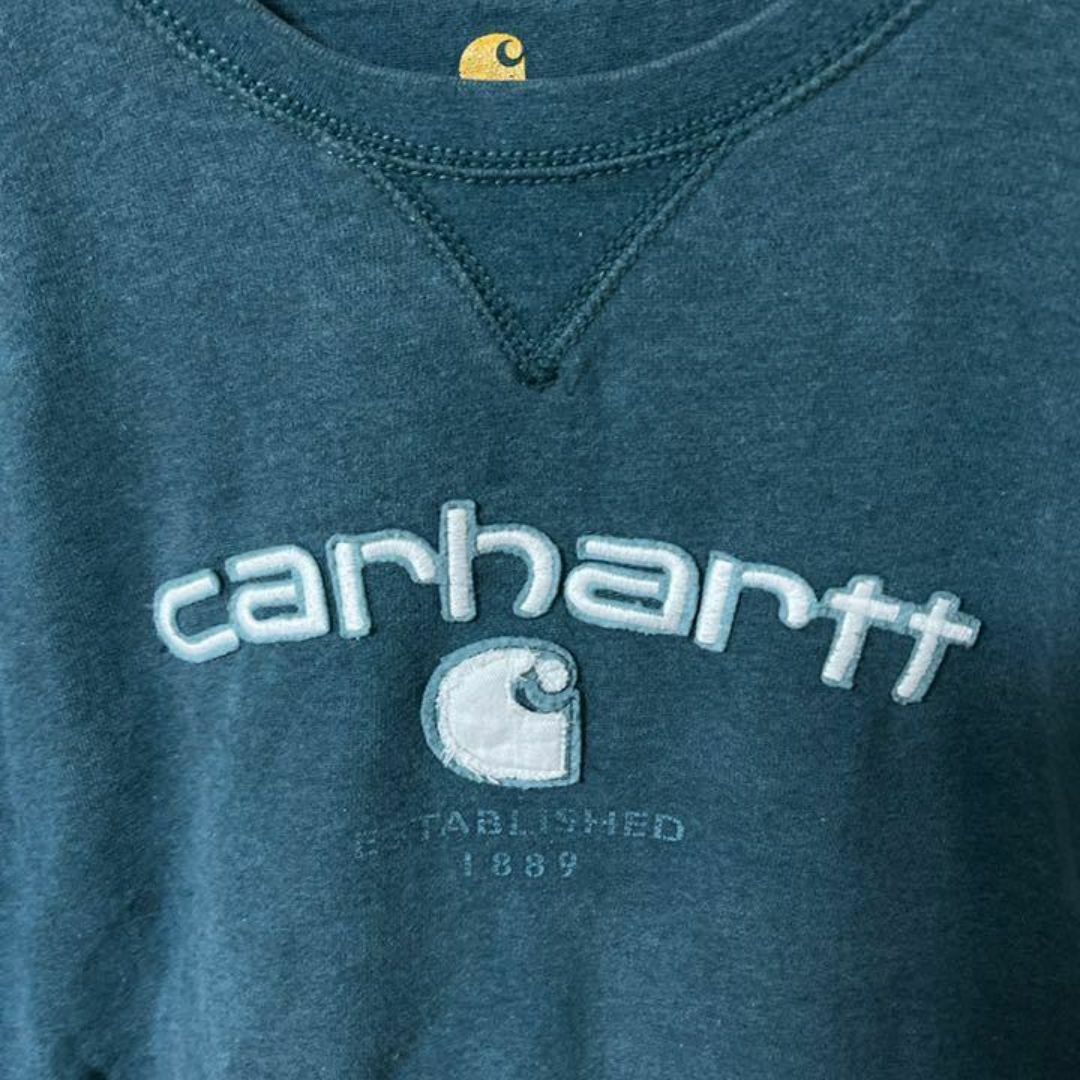 carhartt(カーハート)のカーハート グリーン系 L トレーナー ロゴ 古着 90s 長袖 スウェット レディースのトップス(トレーナー/スウェット)の商品写真