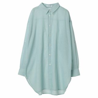 グリーンパークス(green parks)の【グリーン】綿麻混タブ付オーバーサイズシャツチュニック 24SS/長袖/オーバーサイズ/体型カバー/春夏/レディース(ミニワンピース)