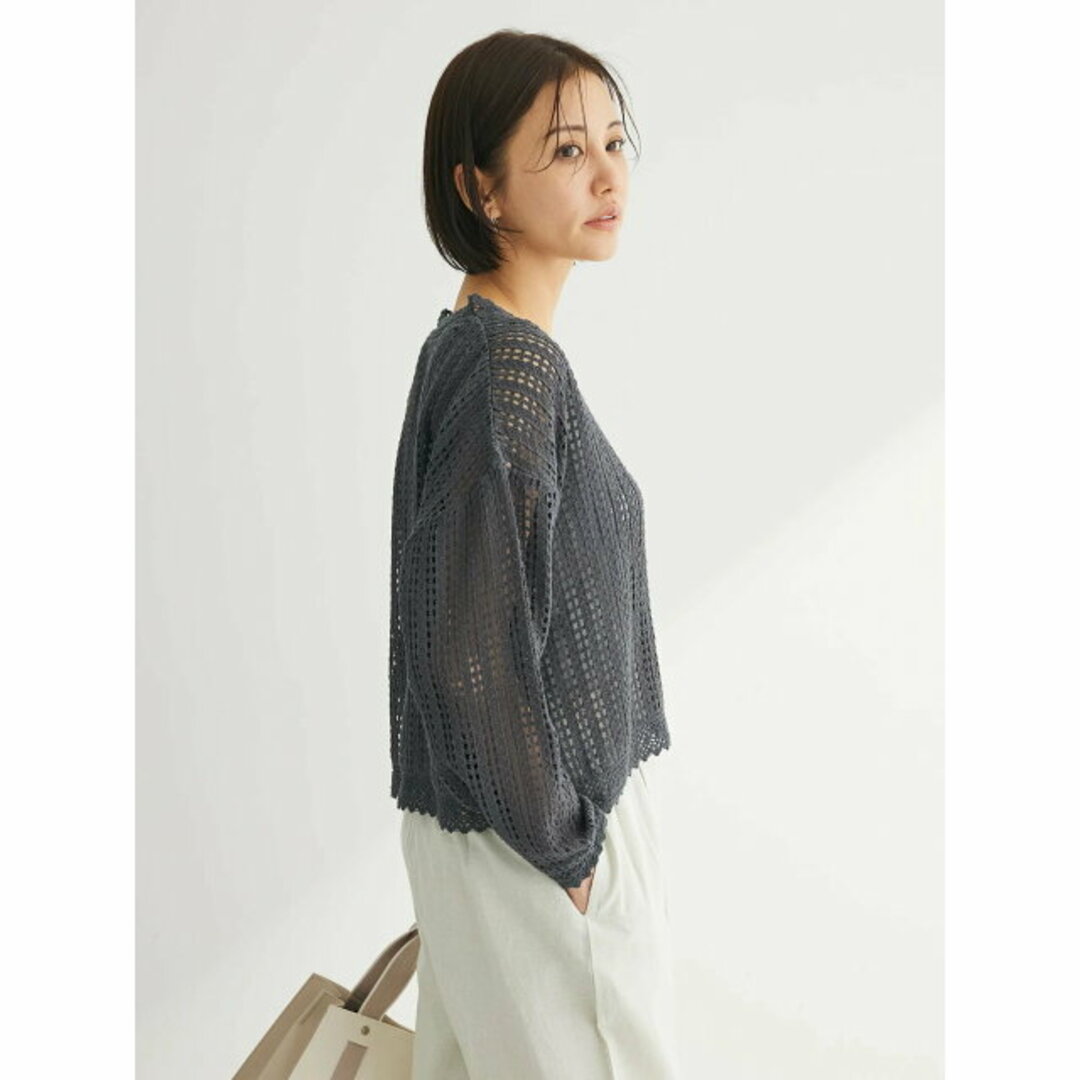 green parks(グリーンパークス)の【グレー】インド綿 レース編みカーディガン 24SS/Vネック/ショート丈/レディース/夏 レディースのトップス(カーディガン)の商品写真