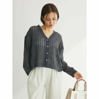 グリーンパークス(green parks)の【グレー】インド綿 レース編みカーディガン 24SS/Vネック/ショート丈/レディース/夏(カーディガン)