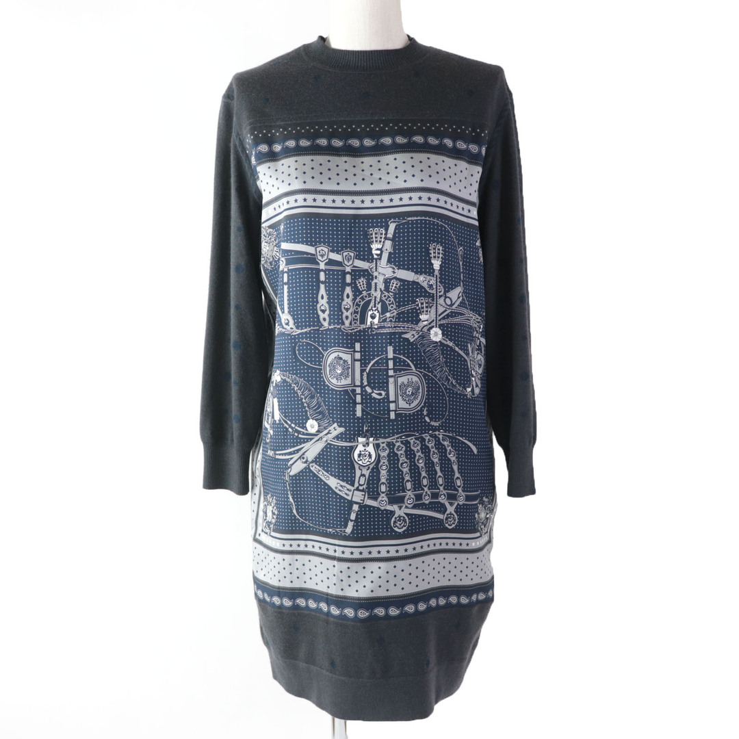 HERMES - 極美品☆HERMES エルメス 2H2825DS HARNAIS DE COUR 宮廷の馬具 シルク カシミヤ ツイルレーヌ 長袖 ワンピース グレー 34 フランス製 正規品 レディース