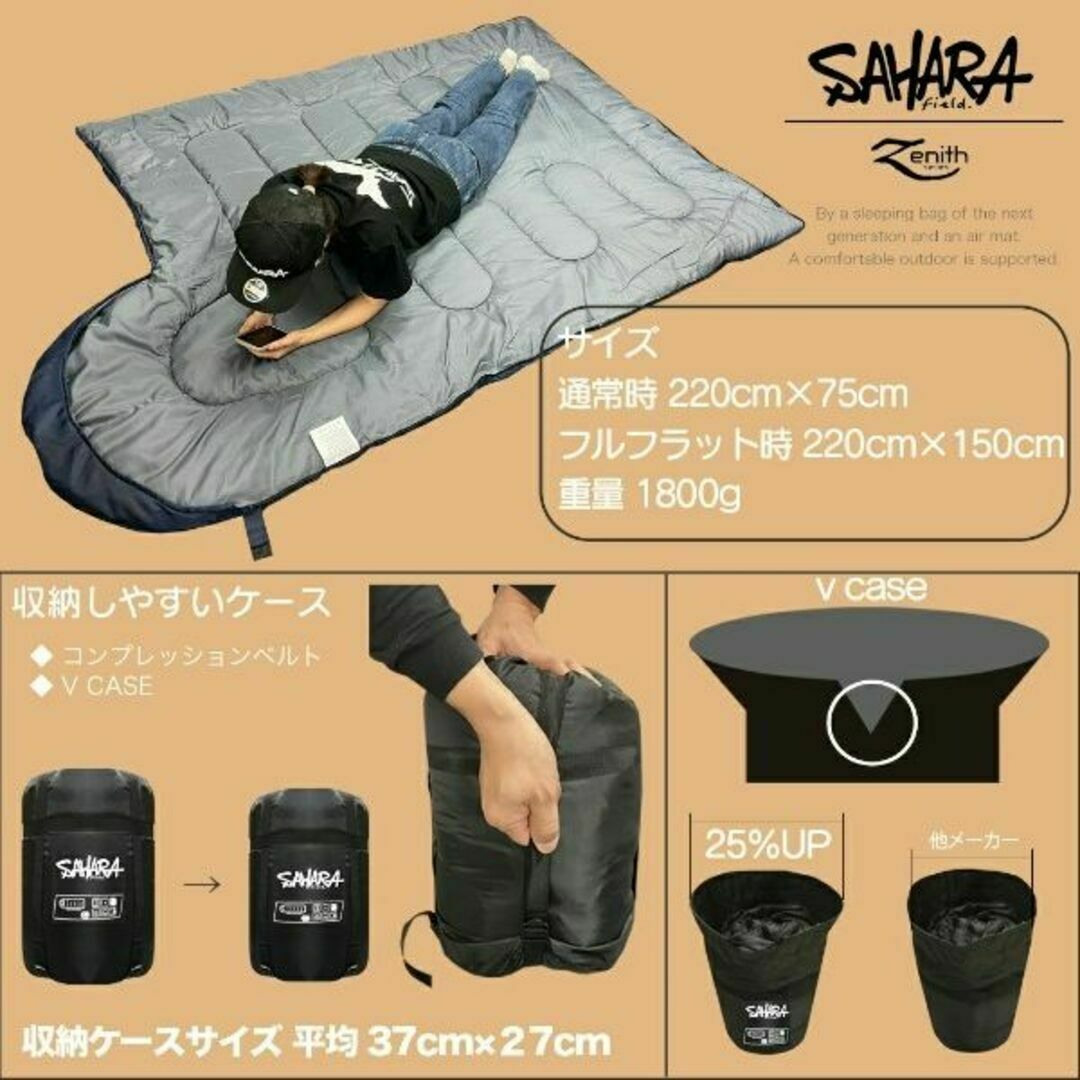 【SAHARA】寝袋 快適温度0℃『ブラック』 スポーツ/アウトドアのアウトドア(寝袋/寝具)の商品写真