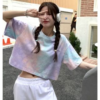 【再販】半袖　Tシャツ　レディース　迷彩　パープル　　韓国　L　人気(Tシャツ(半袖/袖なし))