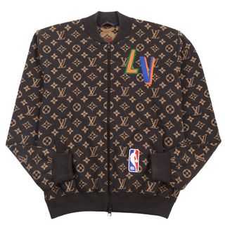 ルイヴィトン(LOUIS VUITTON)の【ドンドン見直し】極美品●LOUIS VUITTON ルイヴィトン NBA 2021年製 HLN11W モノグラム LVロゴ入り ニットブルゾン ブラウン XL イタリア製 正規品 メンズ(ブルゾン)