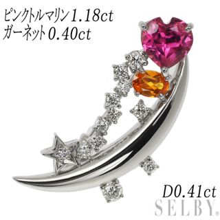 Pt900/ K14WG ピンクトルマリン ガーネット ダイヤモンド ブローチ 1.18ct G0.40ct D0.41ct(ブローチ/コサージュ)