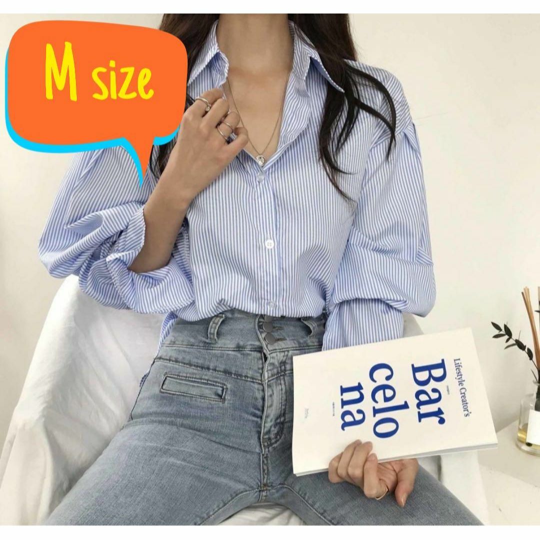 ストライプシャツ 袖口フリル Mサイズ キャンディースリーブシャツ サイズ韓国 レディースのトップス(シャツ/ブラウス(長袖/七分))の商品写真