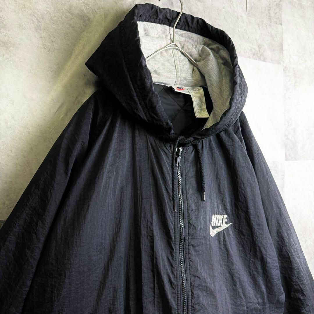 NIKE(ナイキ)の90s ナイキ 銀タグ ナイロンジャケット フーディー 刺繍ロゴ ブラック M メンズのジャケット/アウター(ナイロンジャケット)の商品写真