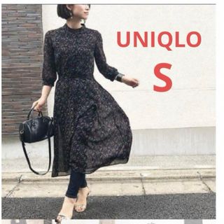 ユニクロ(UNIQLO)のUNIQLO×tomas maier  シフォンプリントワンピース（7分袖）(ロングワンピース/マキシワンピース)