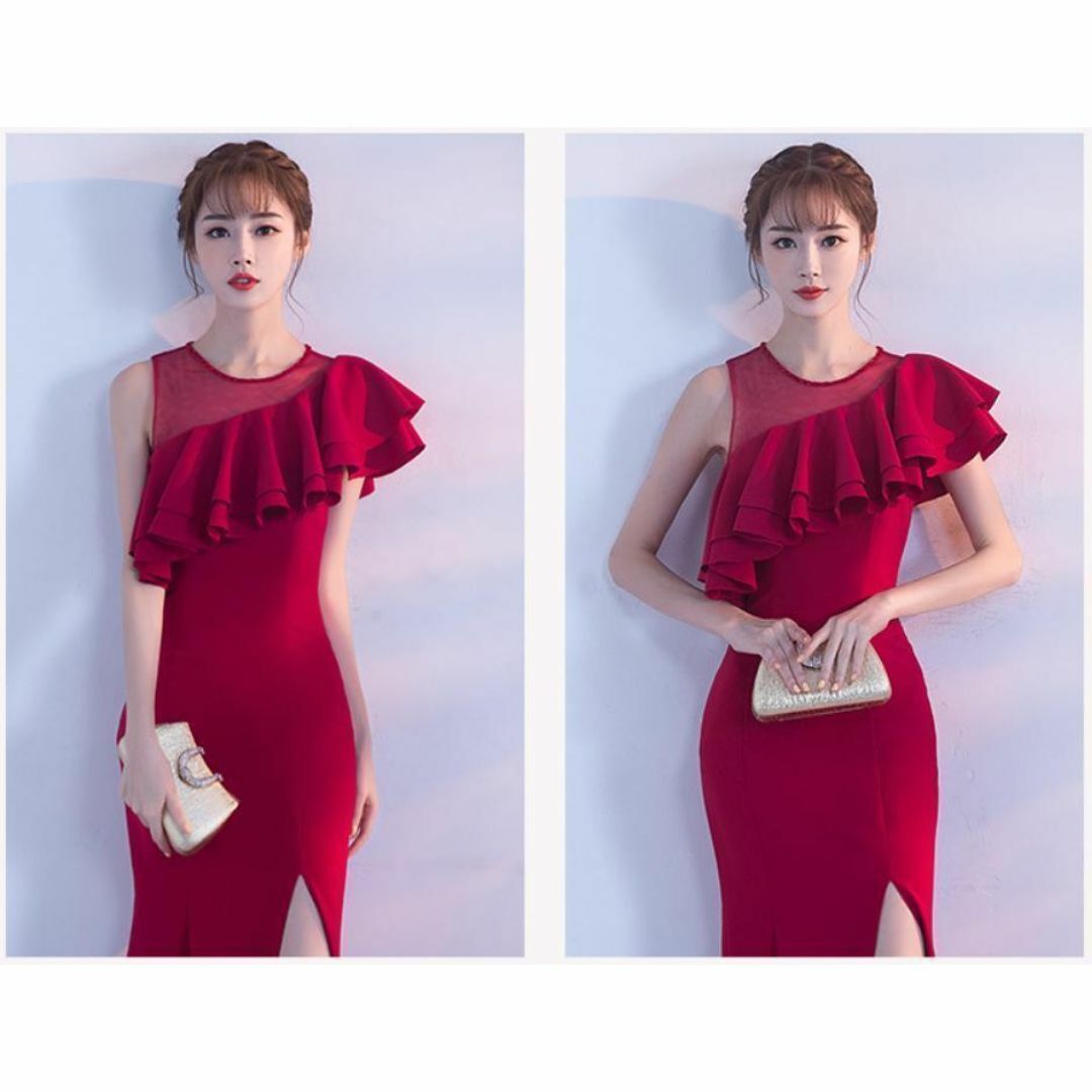 ロングドレス キャバドレス フリルオフショルダー パーティーセクシー人気 M赤F レディースのフォーマル/ドレス(その他ドレス)の商品写真