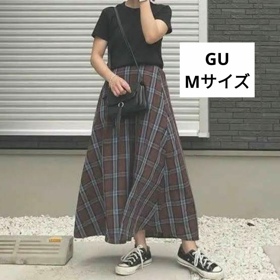 GU(ジーユー)のGU　チェックフレアロングスカート　ダークブラウン　M レディースのスカート(ロングスカート)の商品写真