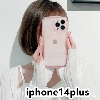 iphone14plusケース　透明　波型花 耐衝撃ピンク298